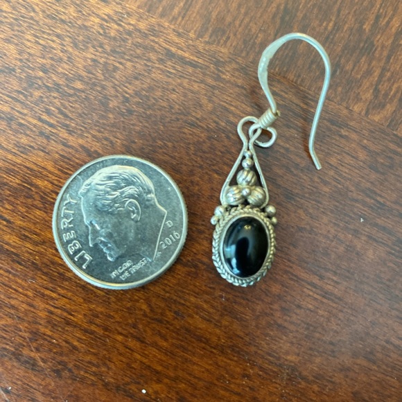 Sterling Silver 925 Black Onyx Cabochon Scroll Drop Earrings - Picture 3 of 6